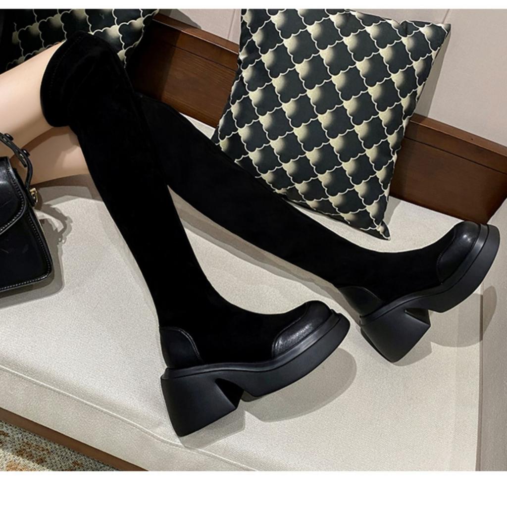 Черные замшевые ботфорты, длинные сапоги для женщин, новые длинные сапоги на толстом каблуке осень-зима 2025, эластичные высокие сапоги, тонкие сапоги.