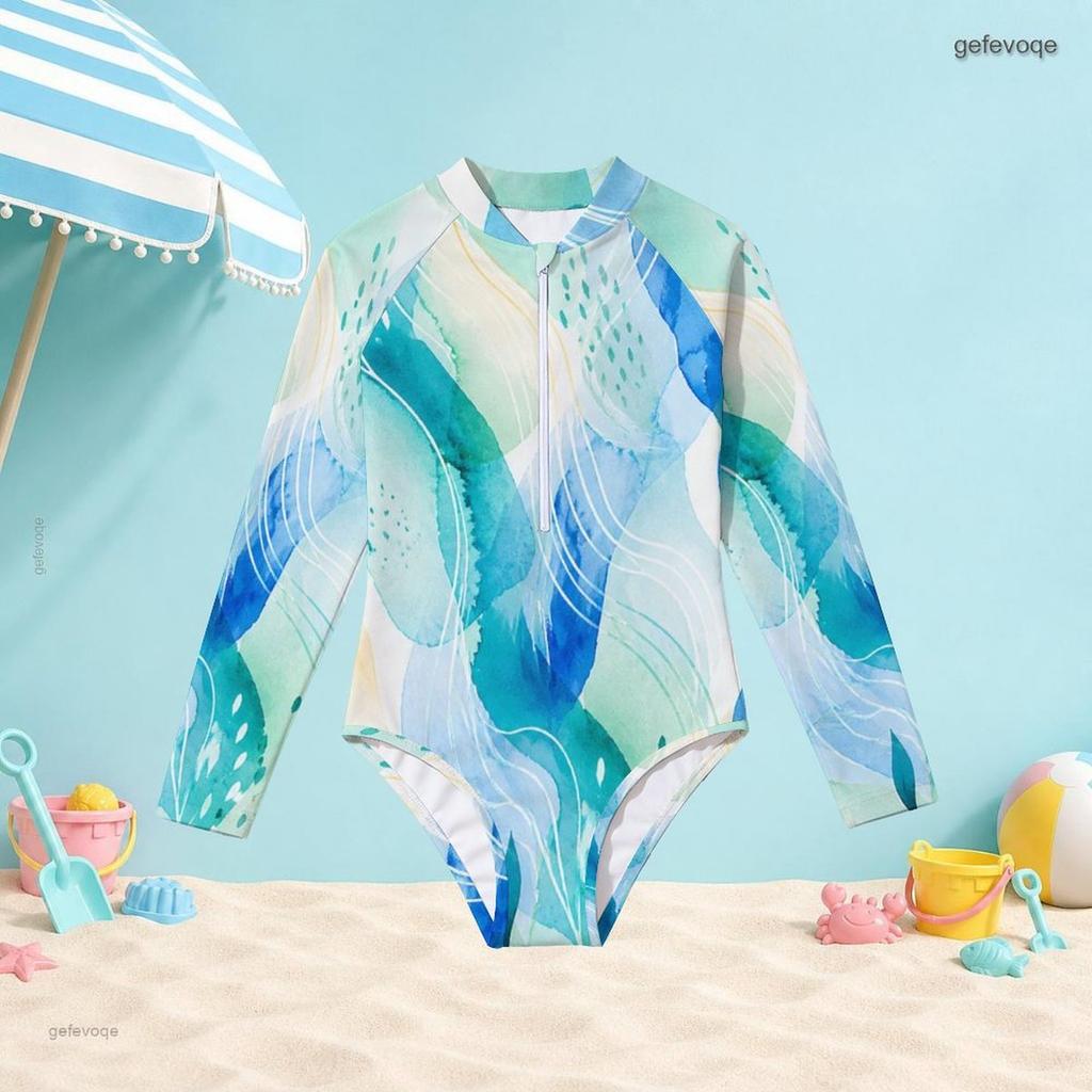 Girls High Neck Long Sleeve Front Zip One Piece Printed Swimsuit Green Yellow