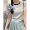 Korean Style Summer Sweet Girl Round Neck Patchwork Embroidered Top Short Bow Polka Dot Slim Fit Versatile Women's T-shirt