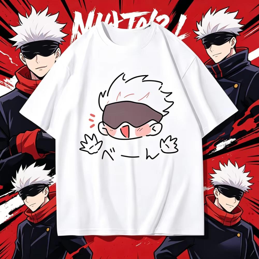 Jujutsu Kaisen Satoru Gojo Tshirt Cute Chibi Excited Character Front Print White Cotton Unisex Tee for Kids Adults