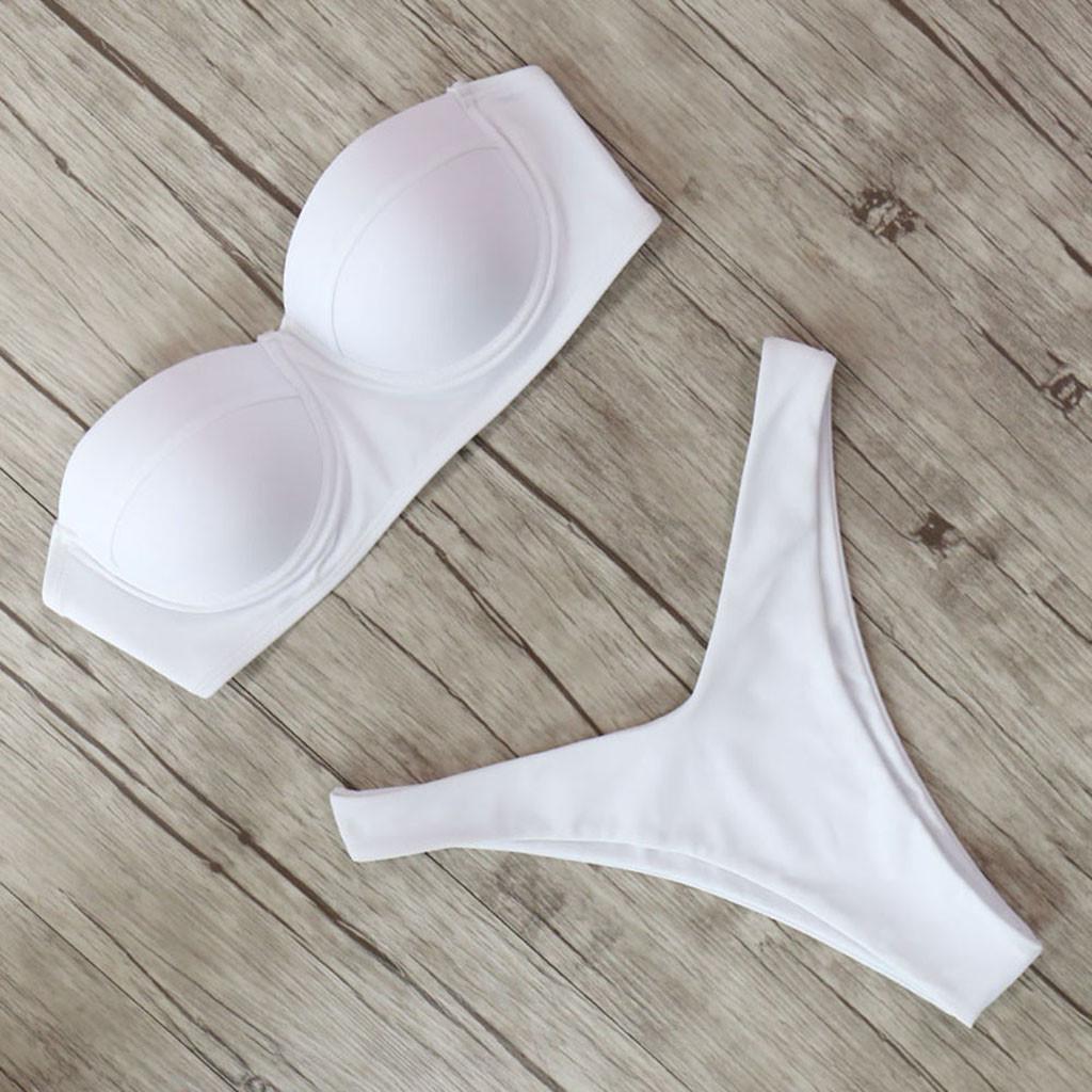 2 цвета, однотонные топы-бандо, комплект бикини, женский купальник с бюстгальтером пуш-ап и чашкой, женские купальники из двух предметов с высоким вырезом