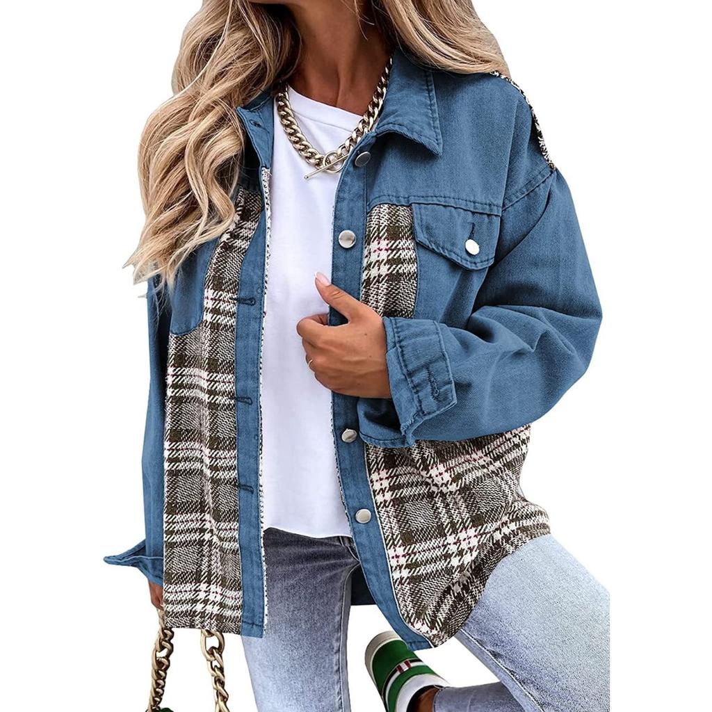 Denim Jacket, Long Sleeved, Checkered, Button Up, Shirt, Jacket Top