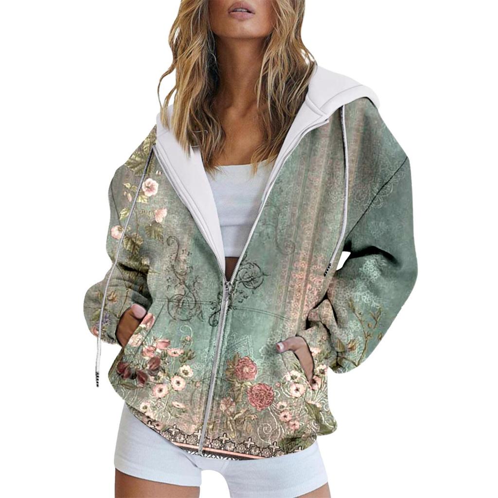 Зимняя толстовка с капюшоном с принтом, спортивная одежда, пальто для женщин, толстовки с капюшоном на молнии и 3D-карманом, осенняя женская одежда