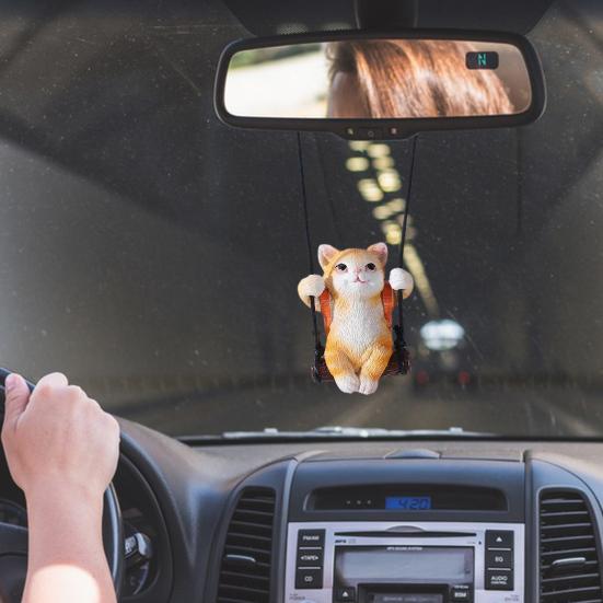 Resin Cat Pendant Swinging Kitten Hanging Figurine Car Rearview Mirror Decoration with Adjustable Lanyard Gift for Cat Lovers