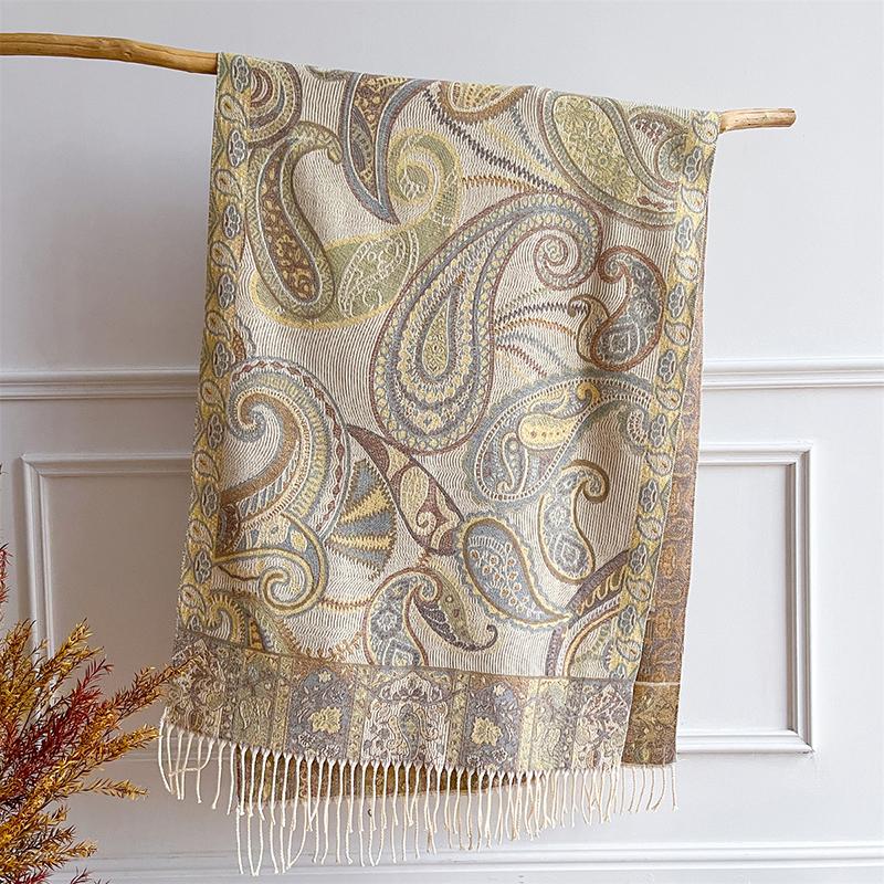 Осенний бежевый зимний шарф для женщин жаккардовый пашминовый плед теплые толстые шали и накидки кашемировые палантины для леди буфанда