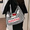 Cute HelloKitty Plaid Shoulder Bag Female Cartoon Large Capacity Crossbody Canvas Bag Student Class Commuter Bag