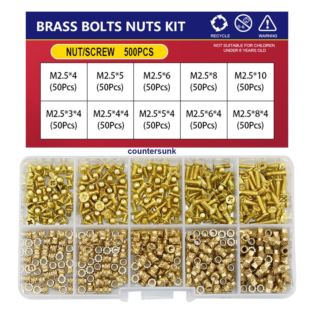 M2 M2.5 M3 M4 M5 Metric Threaded Insert Brass Nuts Bolts Set Countersunk Head Screw Hot Melt Heating Knurled Injection Nut Kits