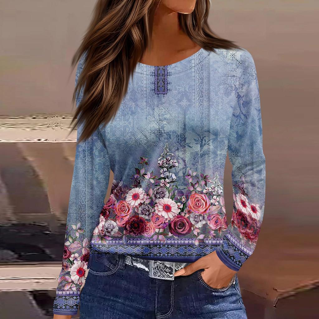 Women's Fashion Casual Slit Hem Round Neck Long Sleeve Loose  Printed T-Shirt Ladies Top