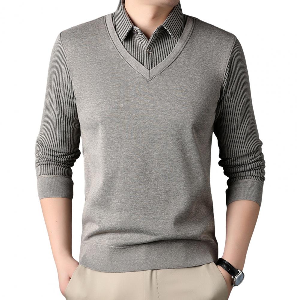 Men Sweater Fake Two-piece Shirt And Sweater Slicing Formal Business Style Turn-down Collar Long Sleeves Striped Office Autumn S