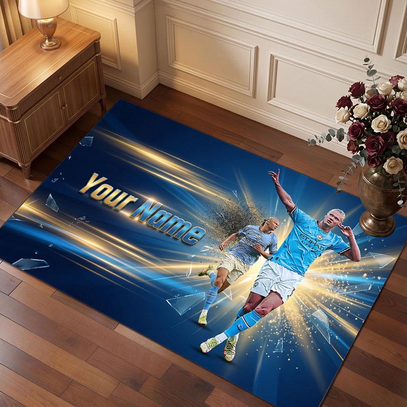 Erling Haaland Custom Crystal Velvet Rug, Personalized Name Text Print, Football Logo Soft Non‑Slip Floor Mat Home Decor Gift