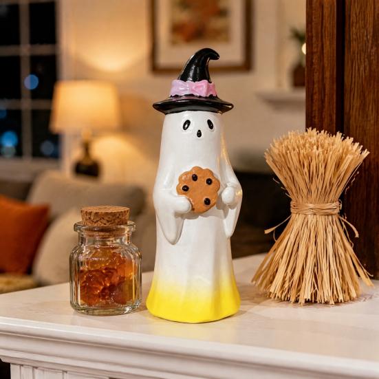 Fun Halloween Gifts for Kids Cute Ghost Ornament, Resin Figurines with Cake/Cookie Design Desktop Fireplace Home Holiday Party Decoration Shelf