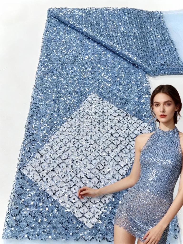 Небесно-голубое африканское кружево с пайетками 2025 Высококачественное кружево Вышивка Нигерийская сетка Ткань с бусинами Французское для свадебного платья