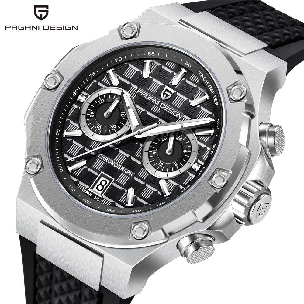 PAGANI DESIGN PD-YS032 Men's Quartz Watch 44mm Japan VK64 Movt Stainless Steel Case Rubber Strap Sapphire Glass 100M Waterproof