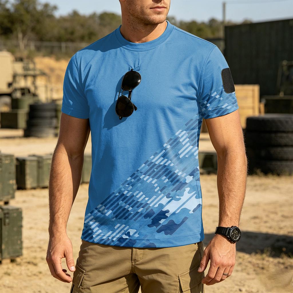 Men Tactical Crew Neck Loose Fit Breathable Outdoor Quick Dry T Shirt with Camouflage Print and Hook Loop Patch Design