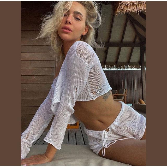 Сексуальный пляжный укороченный топ и шорты, комплекты женщин, вязаный женский костюм с длинными рукавами на шнуровке, летний праздник, прозрачный комплект из 2 предметов, женский комплект