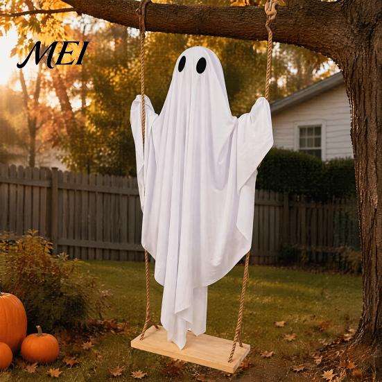 Floating Ghost for Patio Trees Halloween Hanging Swing Decor with String Lights, Glowing Adjustable Swinging Props Ornament Yard Tree, Outdoor Spooky