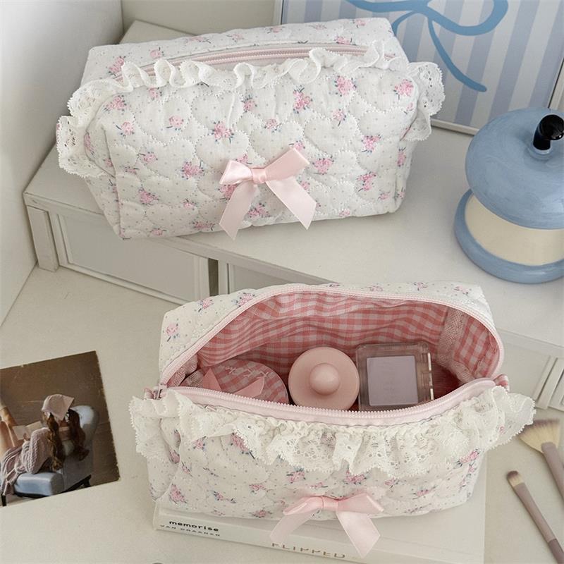 Милый медвежонок, сладкое сердце, бант, розовое кружево, косметичка, большая вместимость, портативная дорожная сумка для хранения, женский клатч, девчачьи косметички