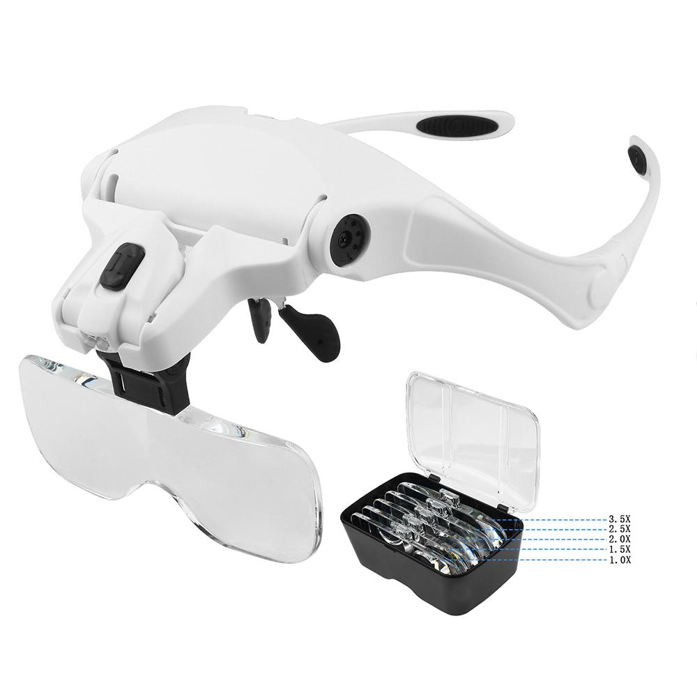 Headband Magnifying Glasses Illuminated Head Magnifier 1.0X 1.5X 2.0X 2.5X 3.5X 2 Lights Adjustable Lens Optical Magnify Glass