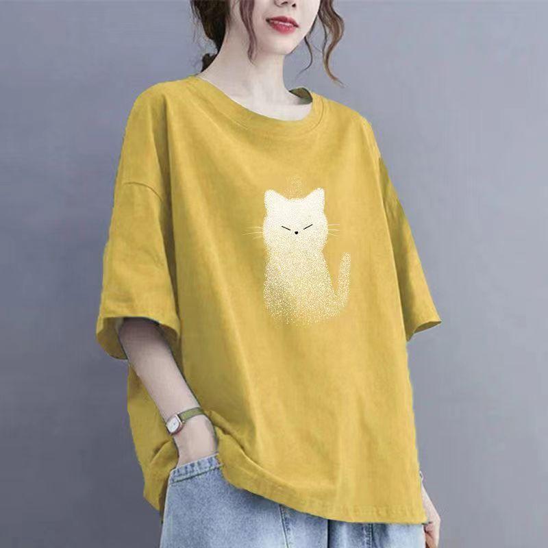 Short Sleeved T-shirt for Slimming and Concealing Summer Casual Print Versatile Round Neck Loose Top Summer Top Half-sleeve