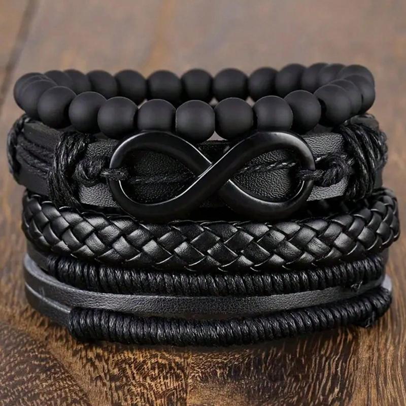 4pcs Casual Vintage Leather Adjustable Bracelet Set, Suitable For Men's Daily Wear, Birthday, Party, Date, Gift
