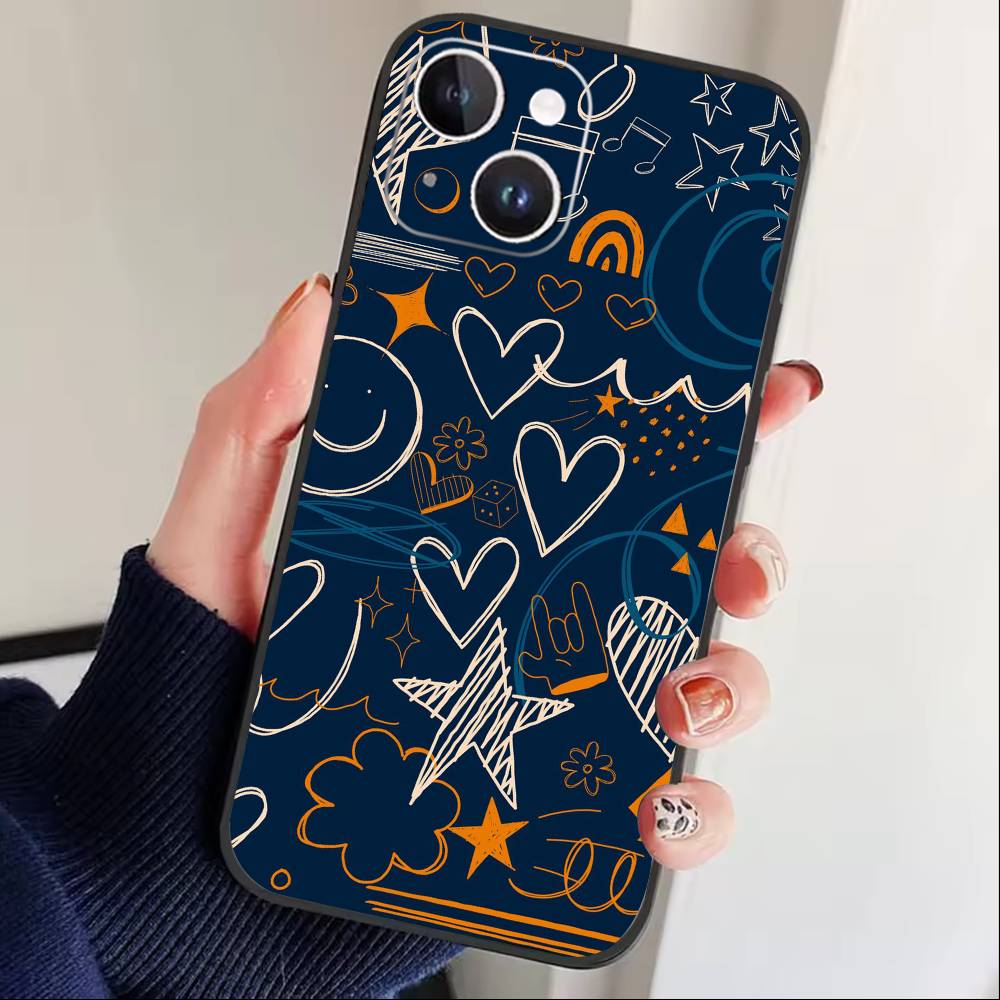 Y2k INS Чехол для телефона с граффити для iPhone17,16,15,14,13,12 Plus,Max Мягкий силиконовый черный чехол