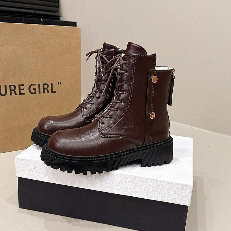 Платформа ботинки мартин женская обувь британские ботинки мартин 2025 зима новые бархатные теплые короткие ботинки большой размер кожаные ботинки