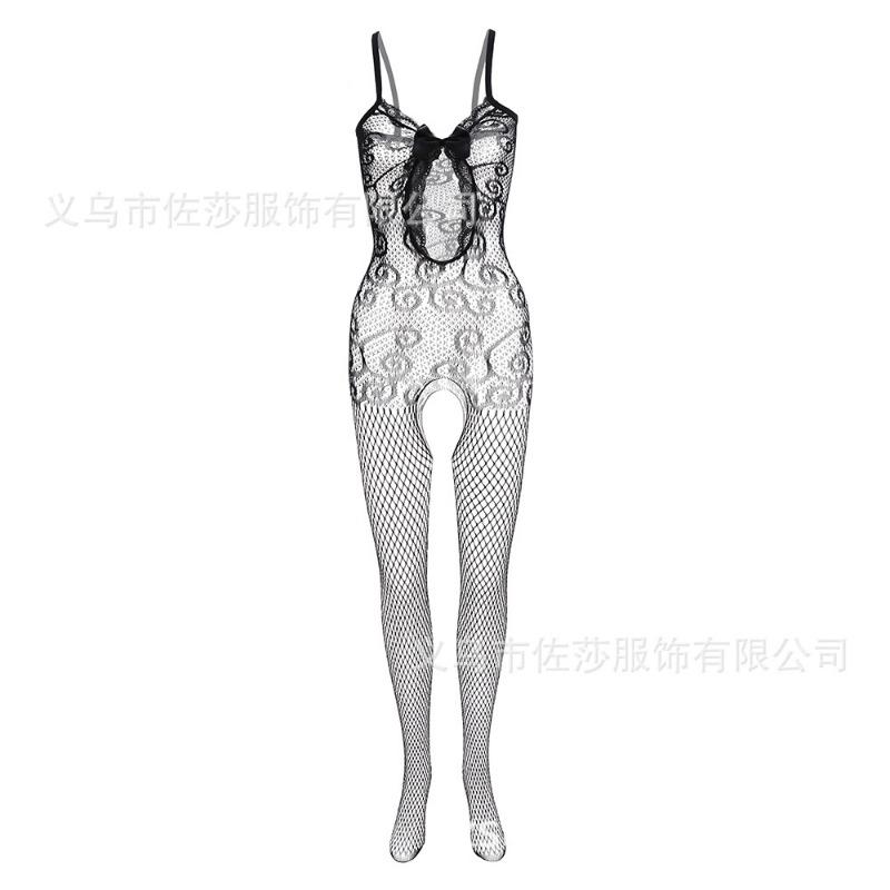 Fun Underwear Mesh, Sexy Lace Trimmed Suspender Front Hollowed Out, Bow Thread Jacquard One-piece Mesh