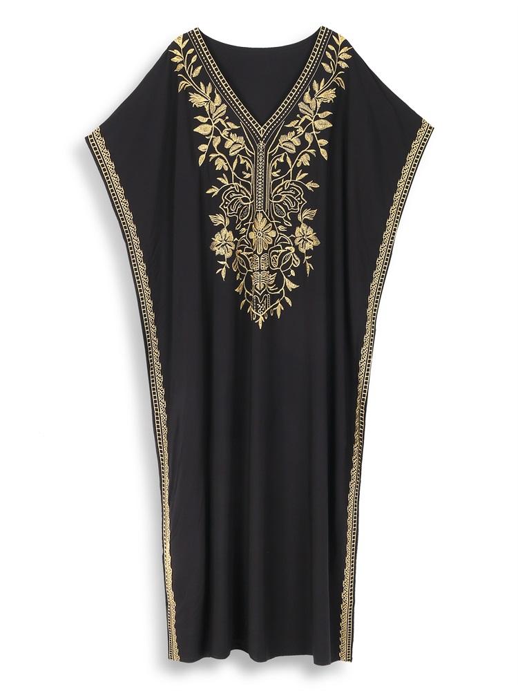 EDOLYNSA 2024 Gold Thread Embroidered Plus Size Casual Vacation Beach Dress Summer Swimsuit Coverup For Women V Neck Bat Sleeve Black Kaftan