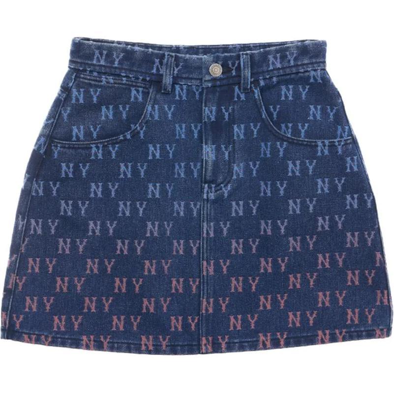 New MLB New York Yankees Denim Gradation Jacquard Monogram New York Yankees Denim Denim Short Skirts Women's Blue 3FDSM0144-50INS