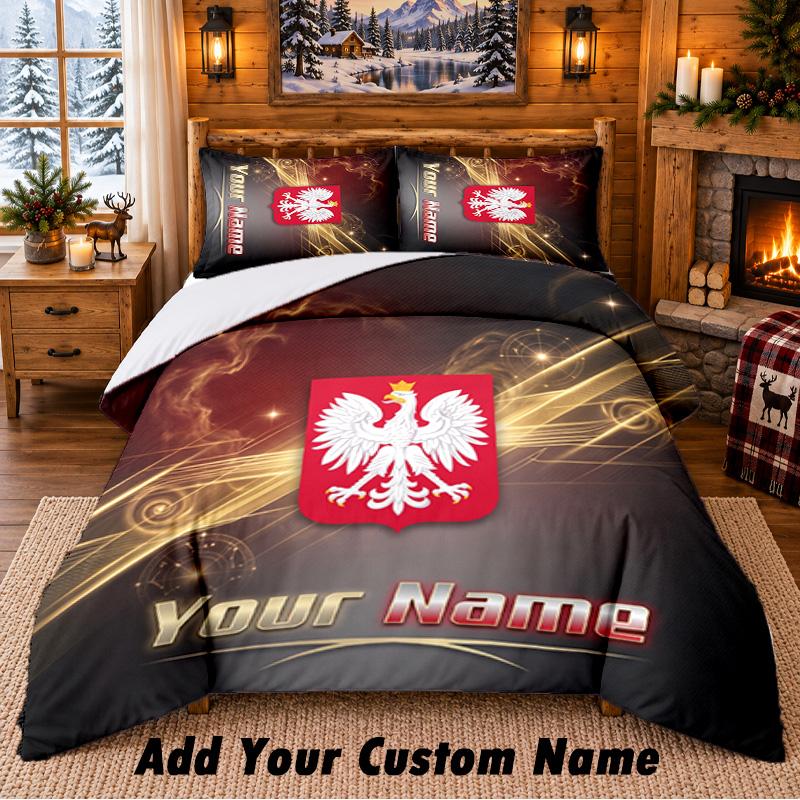 Poland Football Pattern Bedding 3Pcs Set Custom Name, Bed Sheet And Pillowcases For Home Bedroom