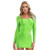 Women's Long Sleeve Bodycon Tight Pencil Dress Oil Glossy Sheer Micro Mini Dress Clubwear