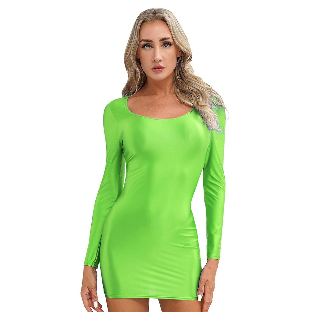 Women's Long Sleeve Bodycon Tight Pencil Dress Oil Glossy Sheer Micro Mini Dress Clubwear