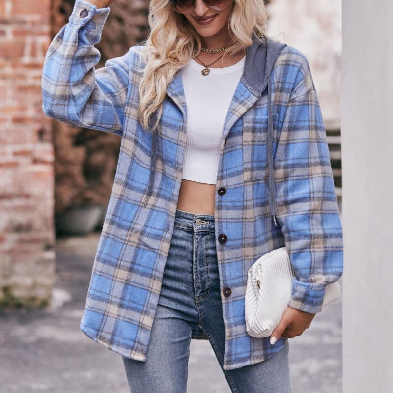 Women's New Autumn and Winter Flannel Plaid Jacket Hooded Casual Shirt
