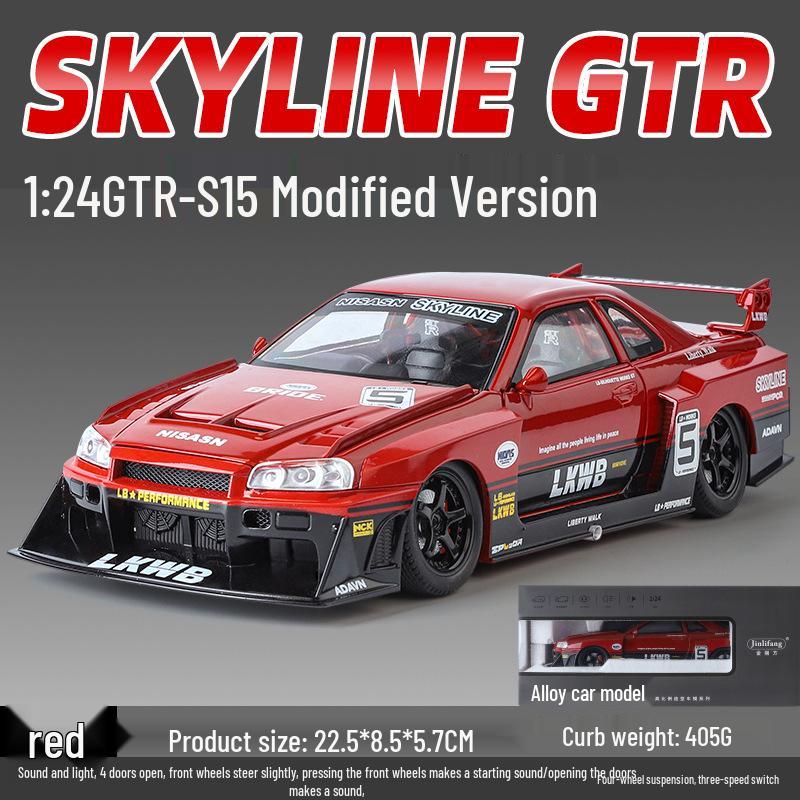1:Игрушечная модель автомобиля 24 Alloy GTR R34 со звуком, светом, открывающимися дверями, управлением четырьмя колесами и инерционным механизмом