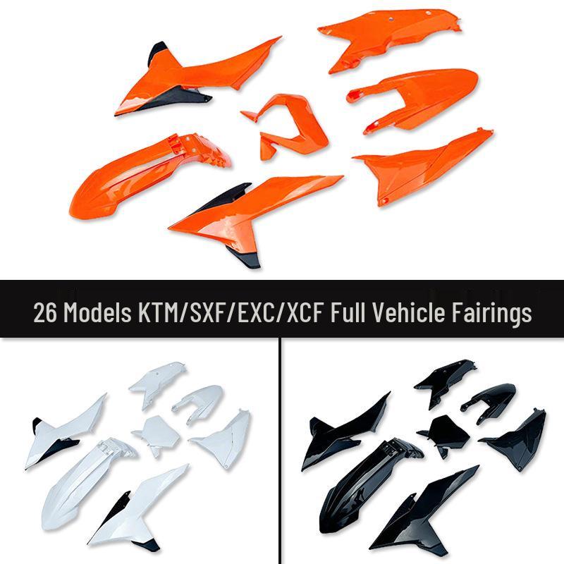 Подходит для 26 моделей KTM/EXC/SXF/XCF: полный комплект обтекателей, крылья, топливный бак и боковые крышки, крышки фар, номерные знаки.