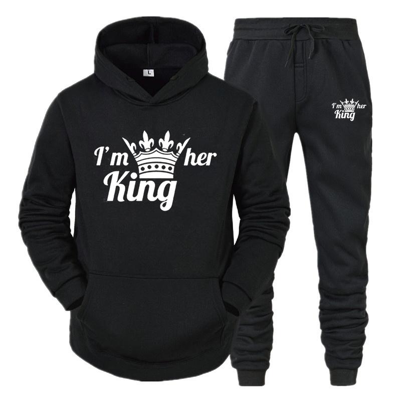 Спортивный костюм для влюбленных, толстовки с принтом QUEEN KING, толстовка для пар, одежда больших размеров с капюшоном, женские толстовки, комплект из двух предметов