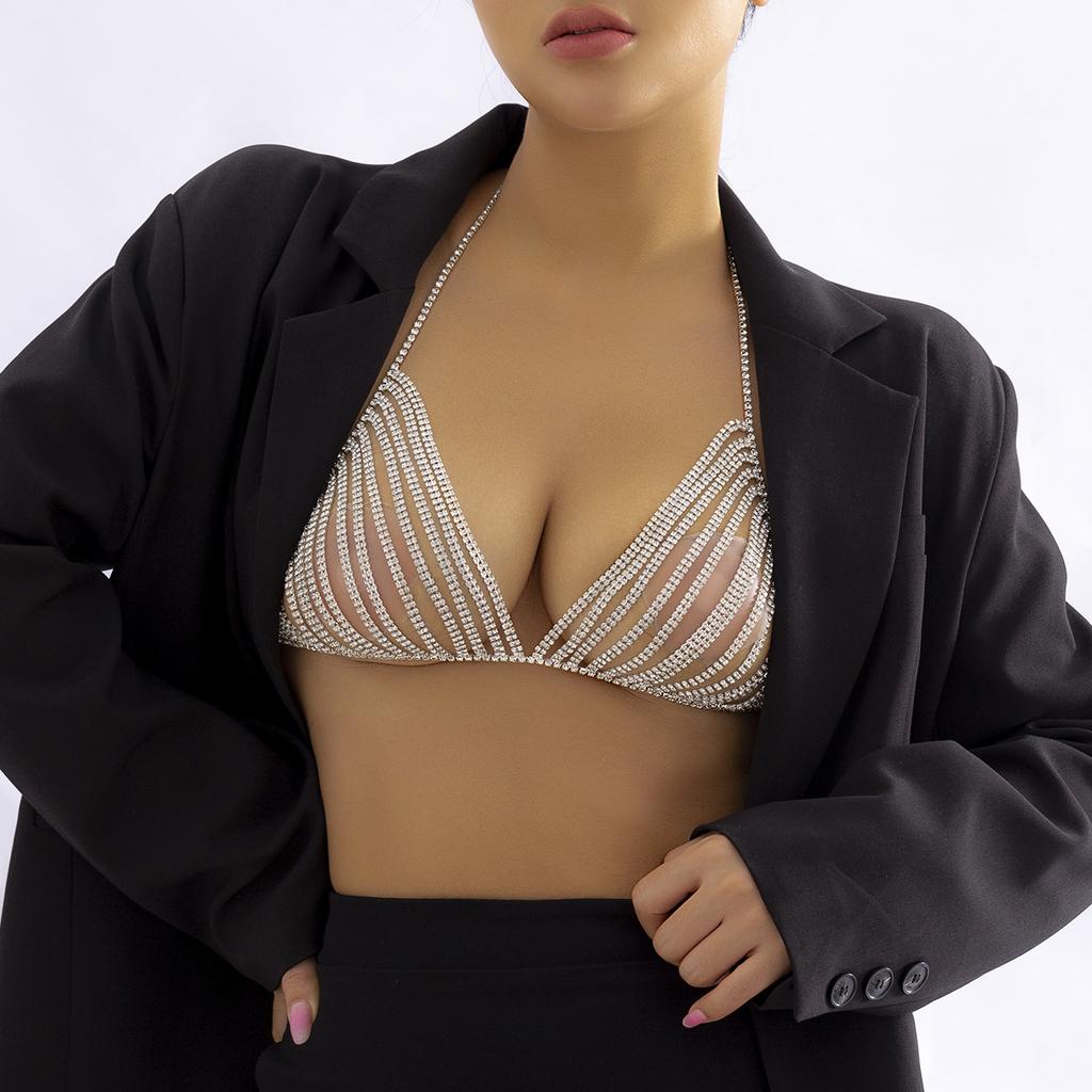 Women Silver Sparkly Boho Rhinestone Body Chain Crystal Bikini Bra Chain