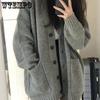 Осень и Зима Ретро Мягкий Вязаный Кардиган Серый Средней Длины Пальто-Свитер для Женщин