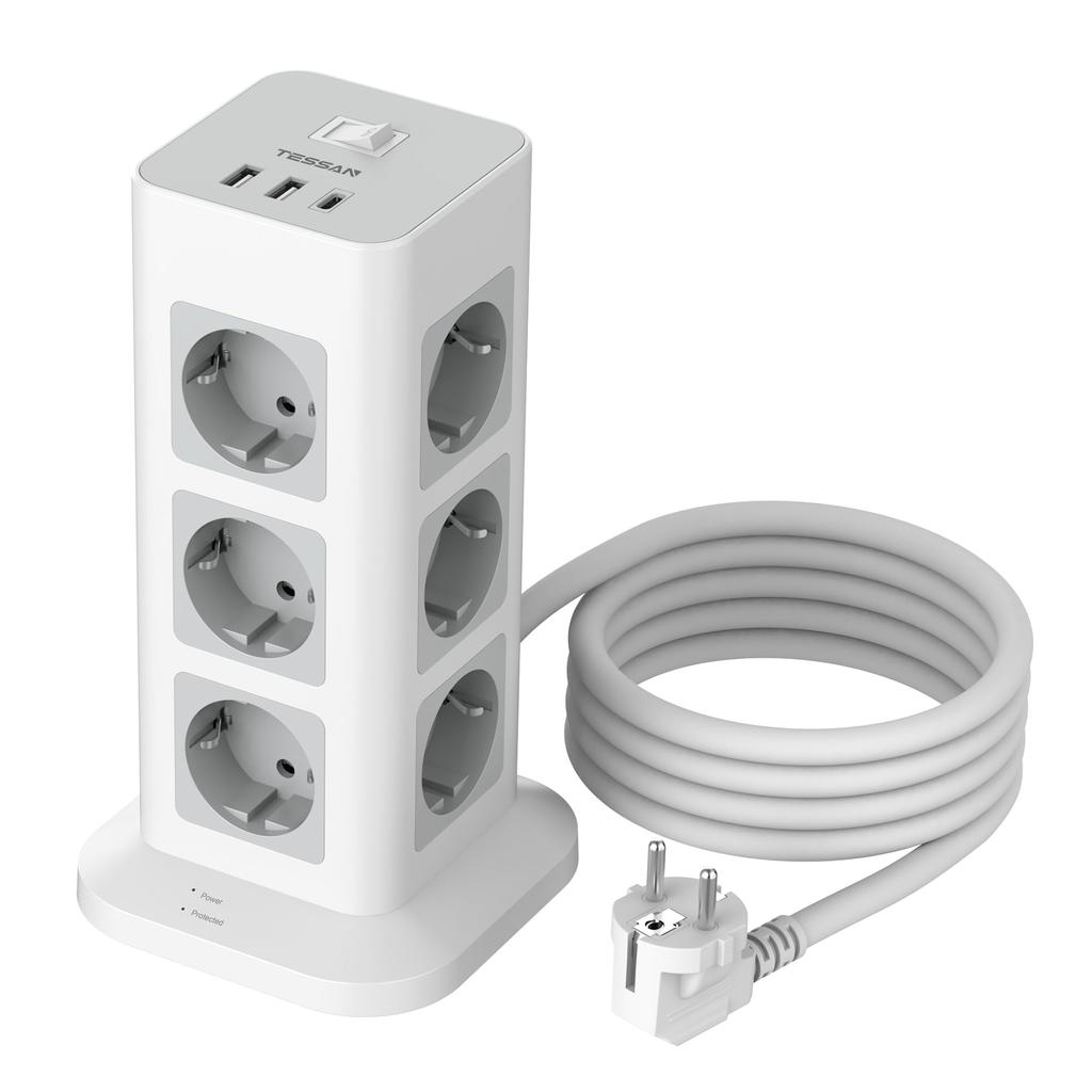 Tessan Удлинитель Tower с несколькими вилками, вертикальная розетка с переключателем, розетки 8/12, 3 порта USB, кабель 2 м, защита от перенапряжения для домашнего офиса