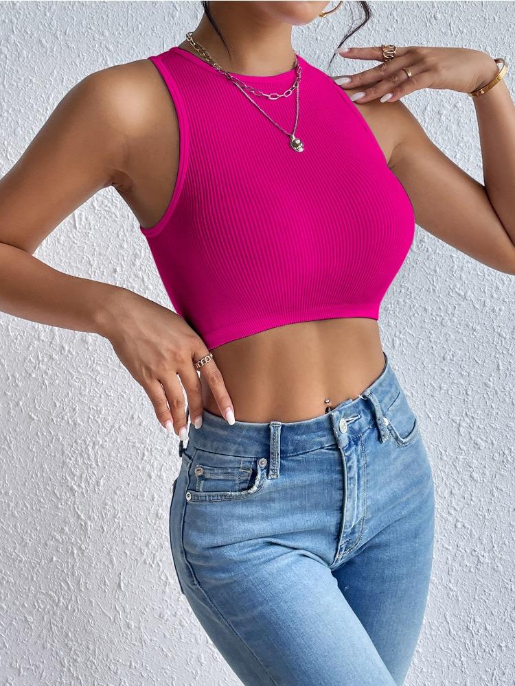 Круглый вырез ребристый топ однотонный укороченный топ женский летний трикотажный топ модный женский укороченный жилет без рукавов Y2K