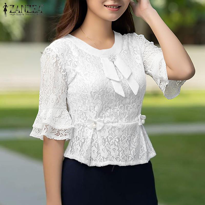 ZANZEA Женская летняя блузка с круглым вырезом, рукавом до локтя и кружевной вставкой
