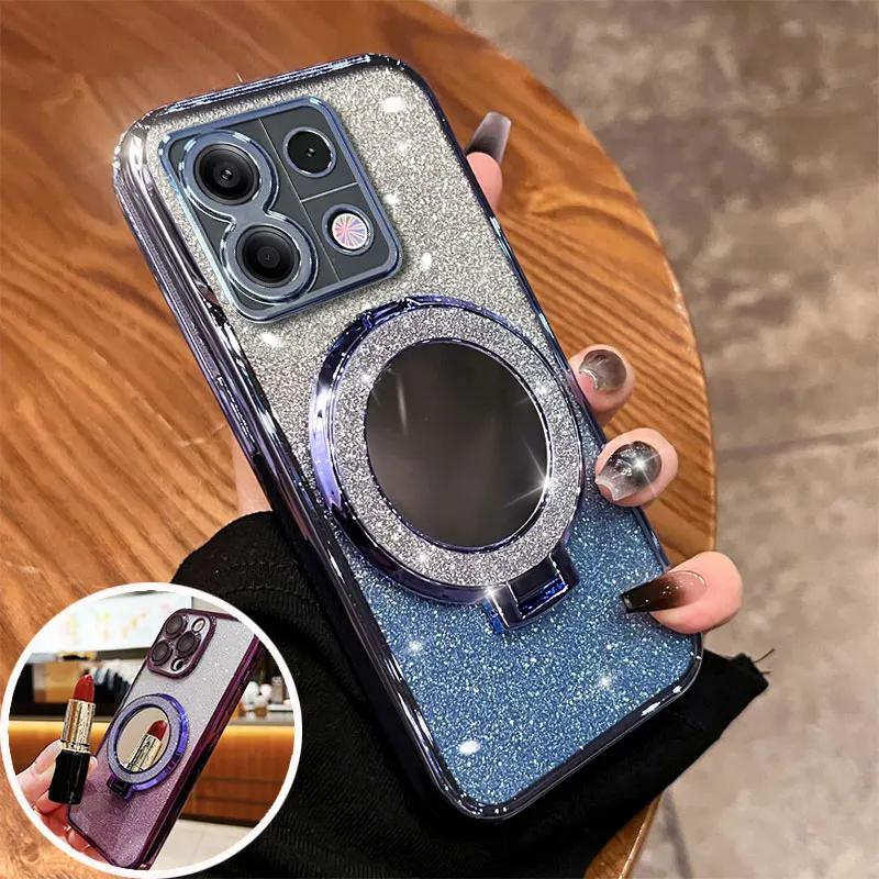 Роскошный силиконовый чехол с зеркальным блеском, держателем-подставкой и магнитным кольцом для Xiaomi POCO и Redmi Note13Pro 4G