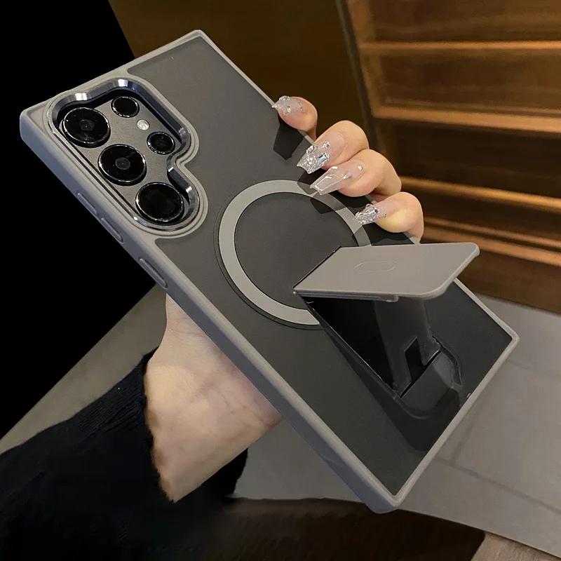 Складная подставка-кронштейн Магнитный чехол для беспроводной зарядки для Samsung S23 S24 S25 S26 Ultra Plus Матовый полупрозрачный Ударопрочный бампер