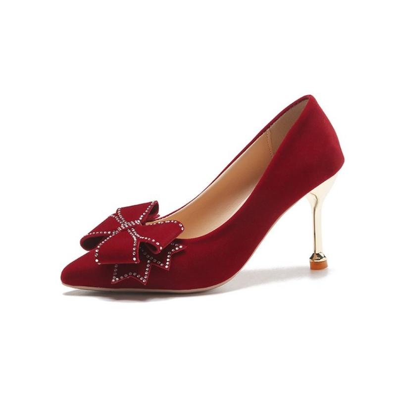 New High Heels Shallow Mouth Pointed Crystal Bow Women's Pumps Wedding Shoes Women's Bridal Shoes Wedding High Heels