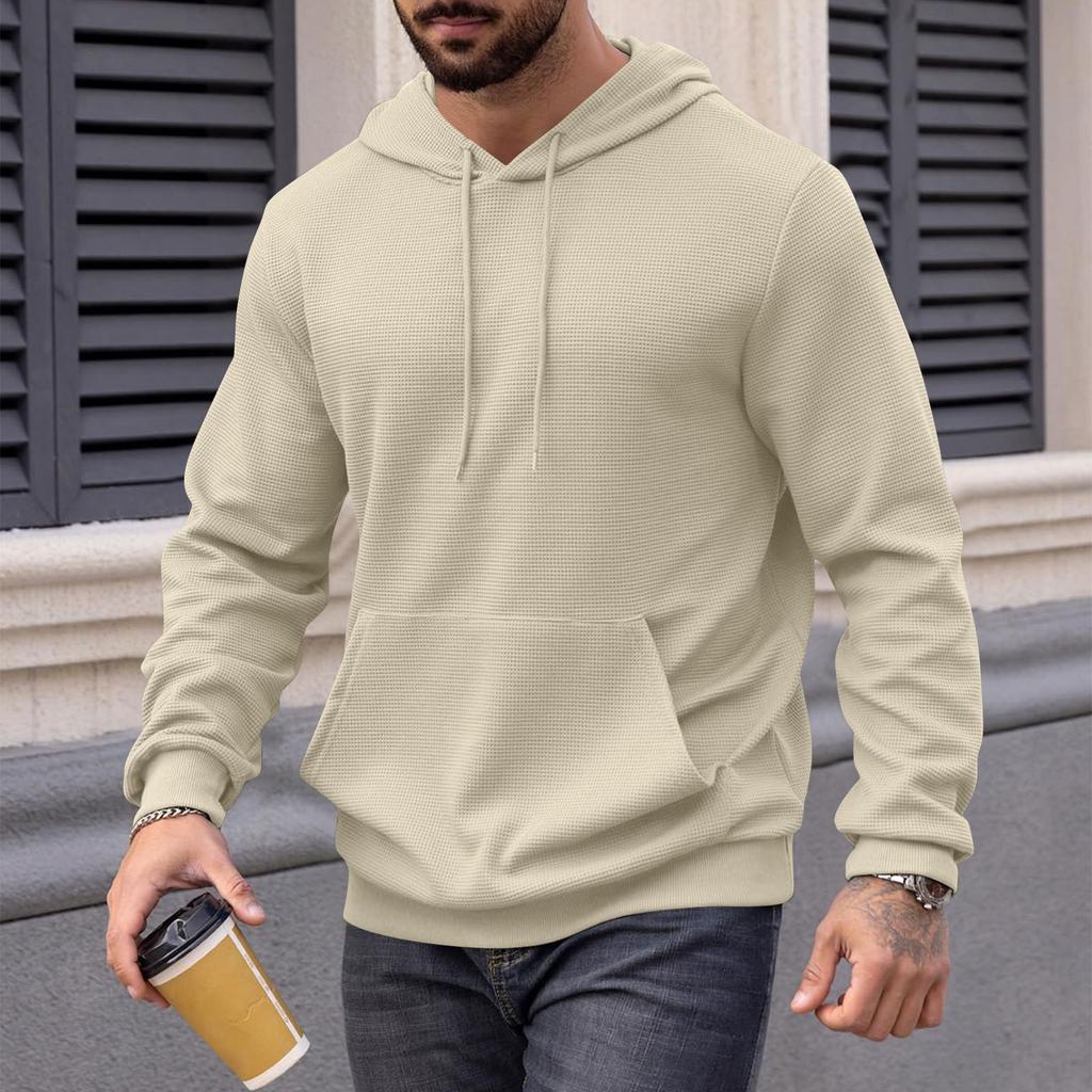 Men's Long Sleeve Textured Hooded Sweatshirt Casual Lightweight Hoodies Pullover Drawstring Hoodie With Kanga Pocket