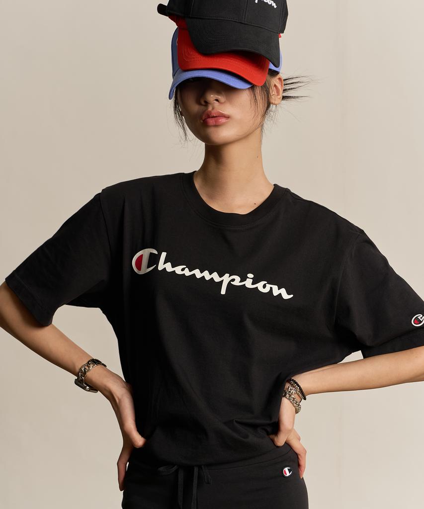 Champion Черная хлопковая футболка с коротким рукавом и большим логотипом-надписью