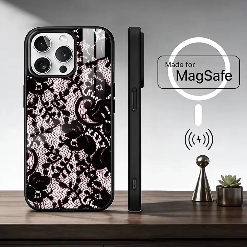 Lace Print Pattern Phone Case For iPhone17,16,15,14,13,12,11 Plus,Pro Max Magnetic For Magsafe Wireless Charging