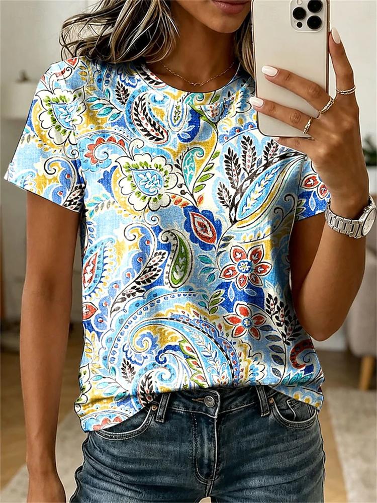 2026 Summer Fashion Women's Short-Sleeve T-Shirt Elegant Floral Print Round-Neck Top Casual-Style Women's Short-Sleeve Shirt