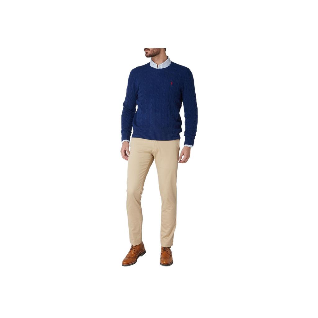 Polo Ralph Lauren FW24 Свитер мужской из шерсти кабельной вязки с вышивкой логотипа Pony, с круглым вырезом, темно-синий MNPOSWE16820171-401