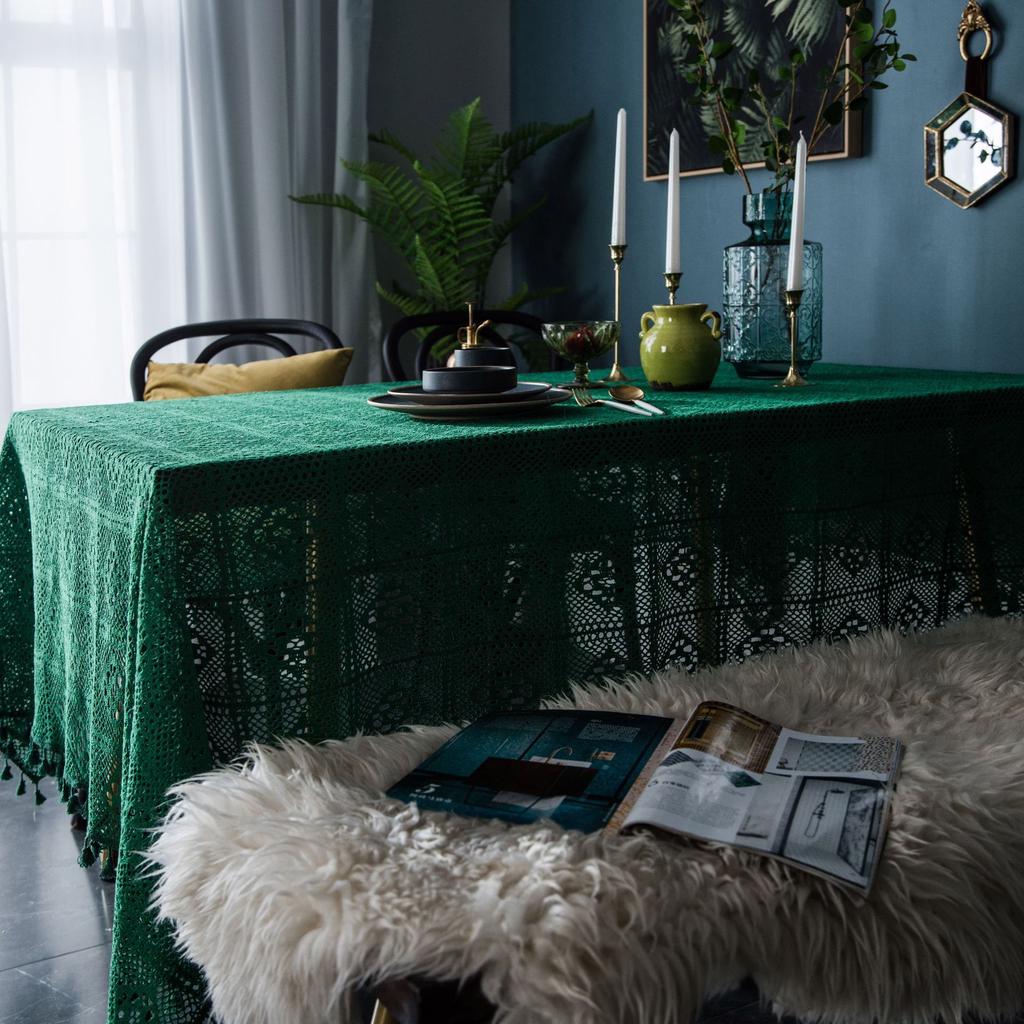 Dark Green Retro American Crochet Round Table Cloth Knitted Hollow Literary Coffee Table Cover Cloth Shooting Background Cloth